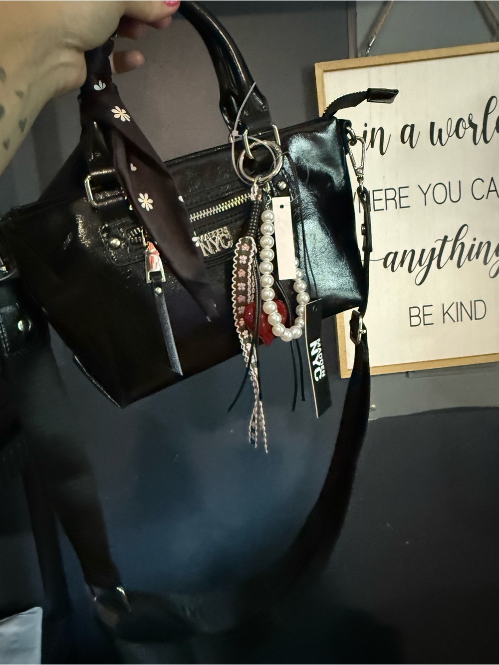 Black Madden NYC Satchel Handbag with Decorative Charms